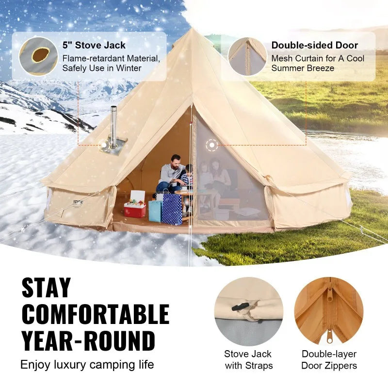 10-12 Person Canvas Glamping Bell Tent, Breathable Waterproof Yurt Tent with Stove Jack
