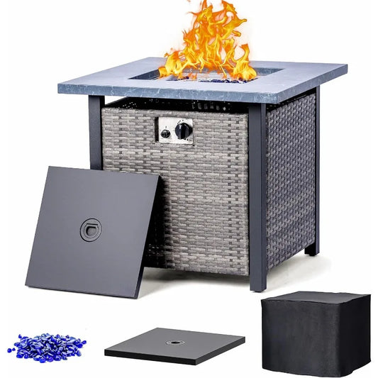 Propane Fire Pit Table 28Inch 50,000 BTU Auto-Ignition Wicker Rattan Gas Fire Pit Table With Lid
