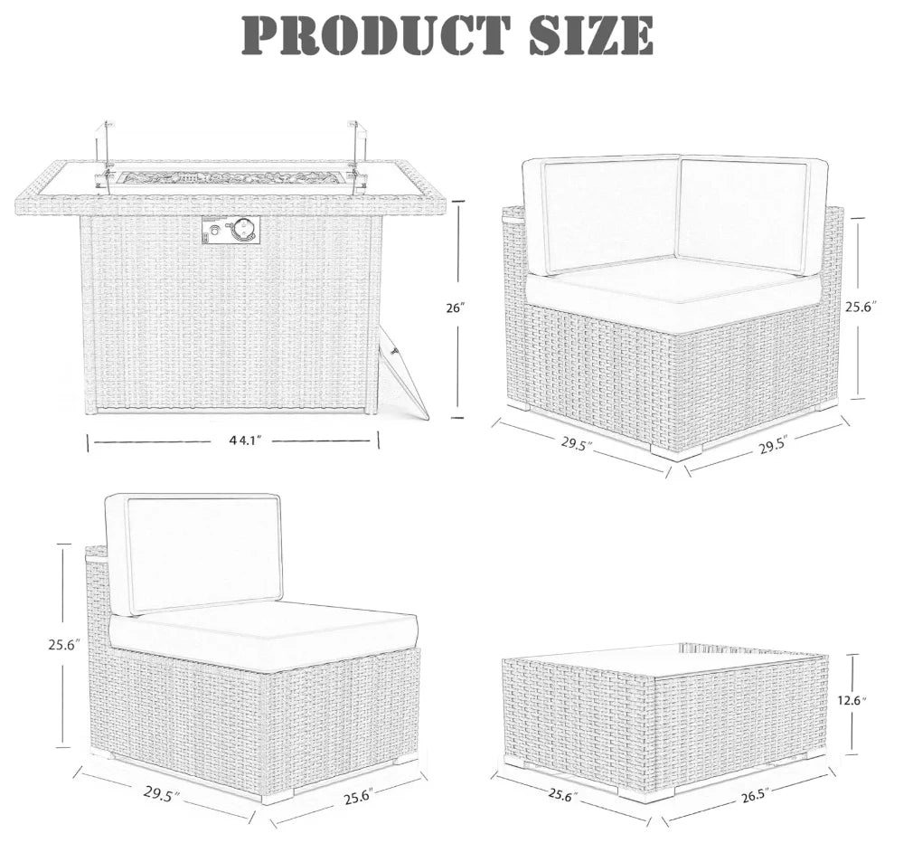 8 Pieces Patio Furniture Set with 44" Propane Gas Fire Pit Table