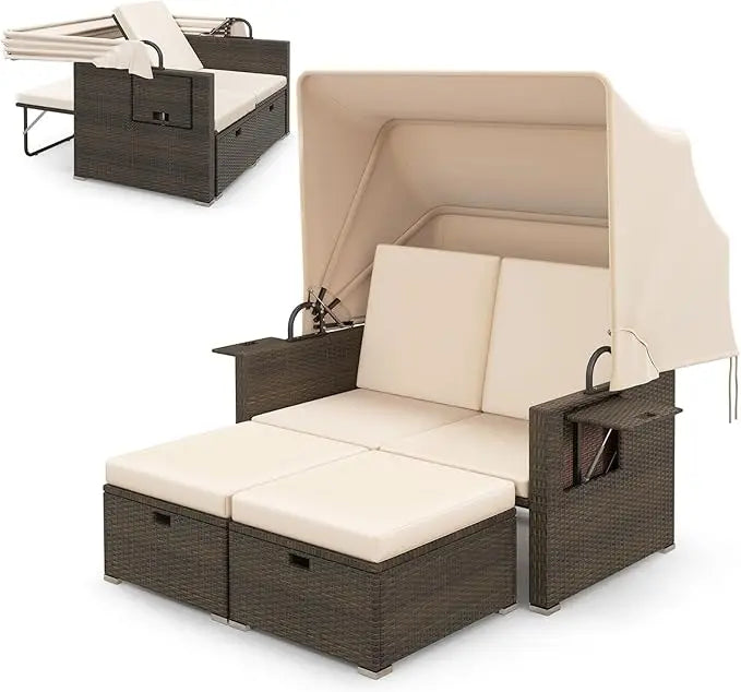 Retractable Canopy Loveseat Sofa Set, 2 Folding Side Panels, Storage Ottomans, Double Bed Lounger for Garden Patio Furniture Set