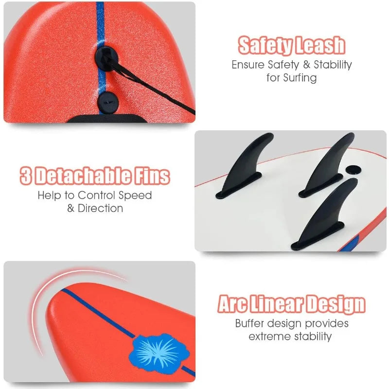 GYMAX Surfboard,6FT with Removable Fins & Safety Leash