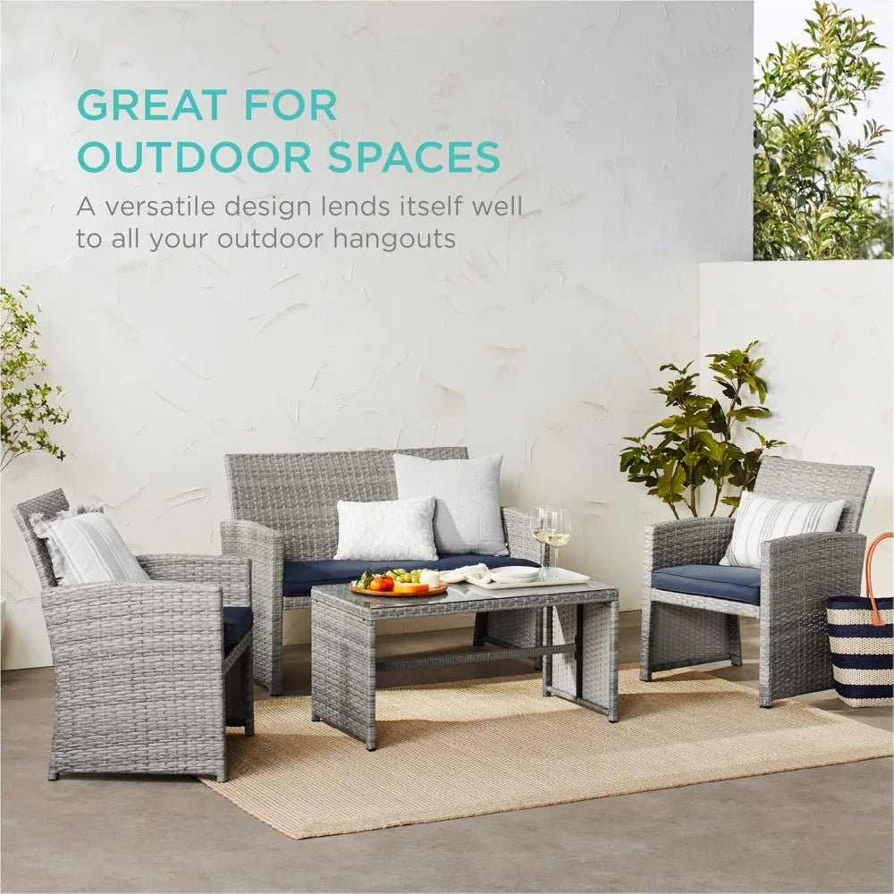 4-Piece Outdoor Wicker Patio Conversation Furniture Set for Backyard w/Coffee Table, Seat Cushions
