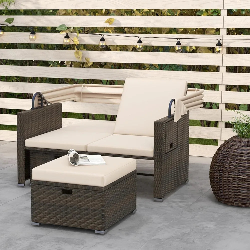 Retractable Canopy Loveseat Sofa Set, 2 Folding Side Panels, Storage Ottomans, Double Bed Lounger for Garden Patio Furniture Set