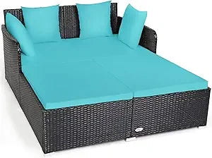 Outdoor Patio Rattan Daybed, Sponge Cushioned Loveseat Sofa with 4 Pillows