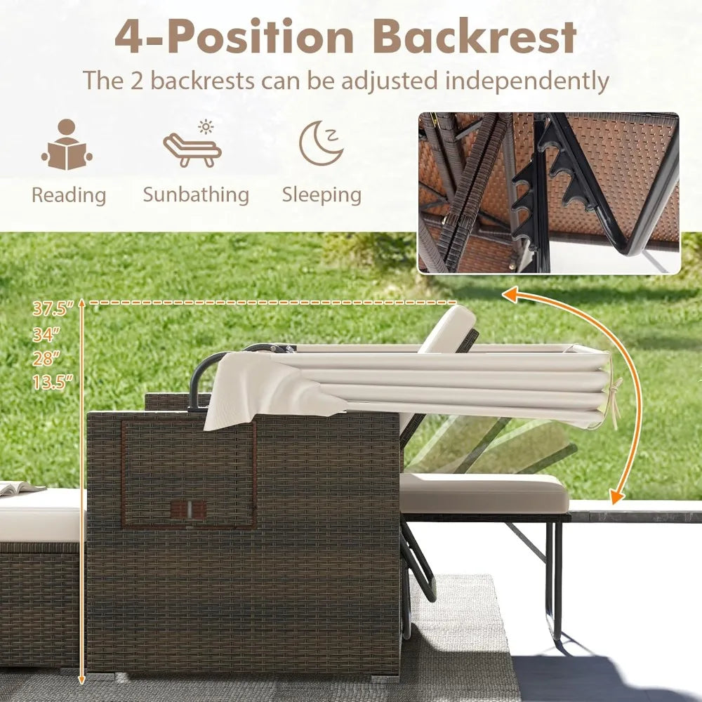 Retractable Canopy Loveseat Sofa Set, 2 Folding Side Panels, Storage Ottomans, Double Bed Lounger for Garden Patio Furniture Set