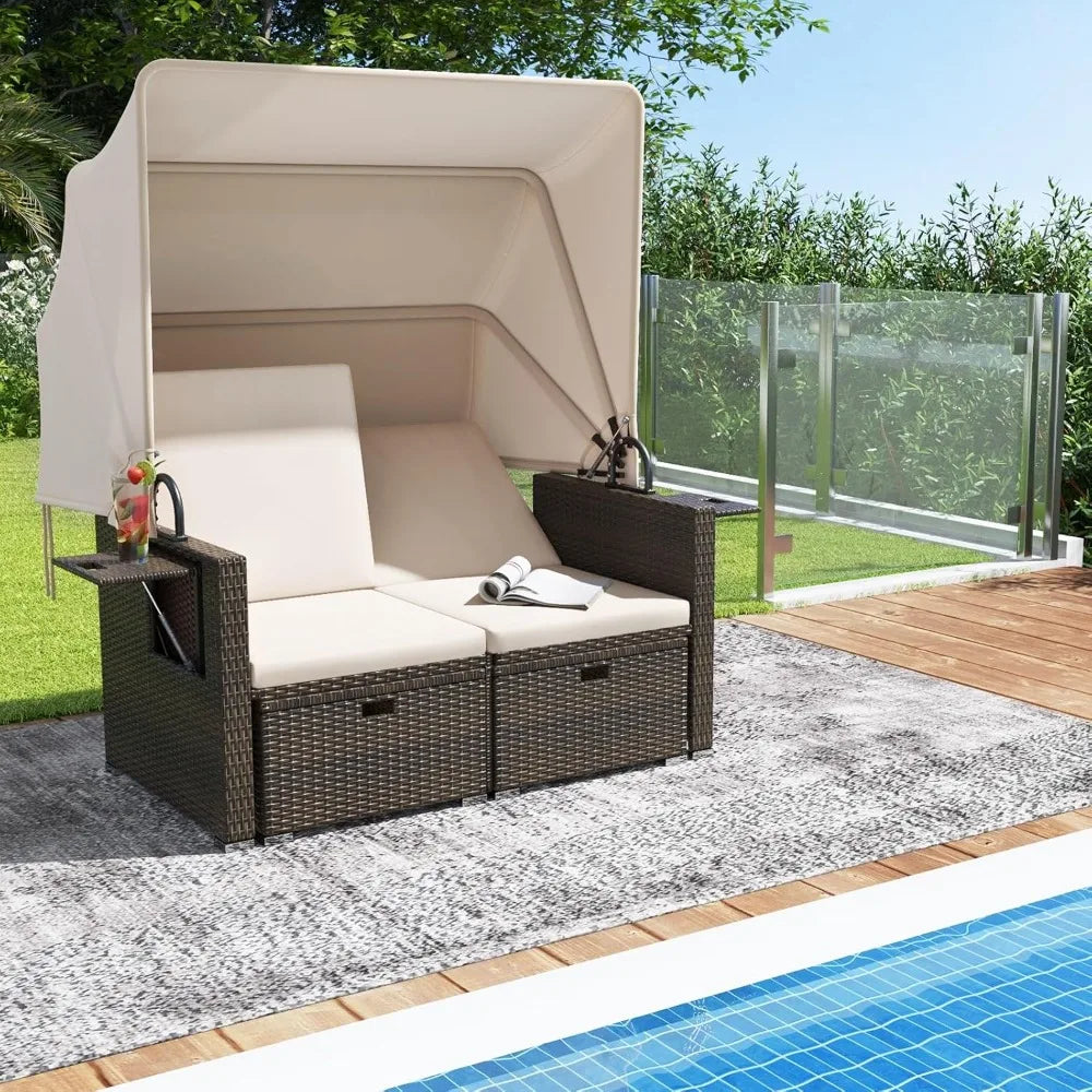 Retractable Canopy Loveseat Sofa Set, 2 Folding Side Panels, Storage Ottomans, Double Bed Lounger for Garden Patio Furniture Set