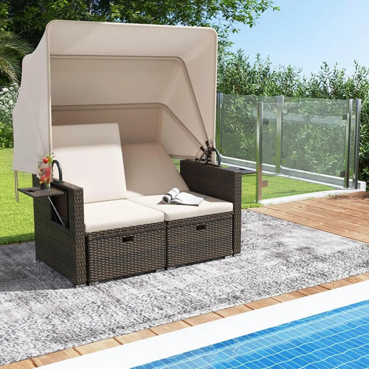 Retractable Canopy Loveseat Sofa Set, 2 Folding Side Panels, Storage Ottomans, Double Bed Lounger for Garden Patio Furniture Set