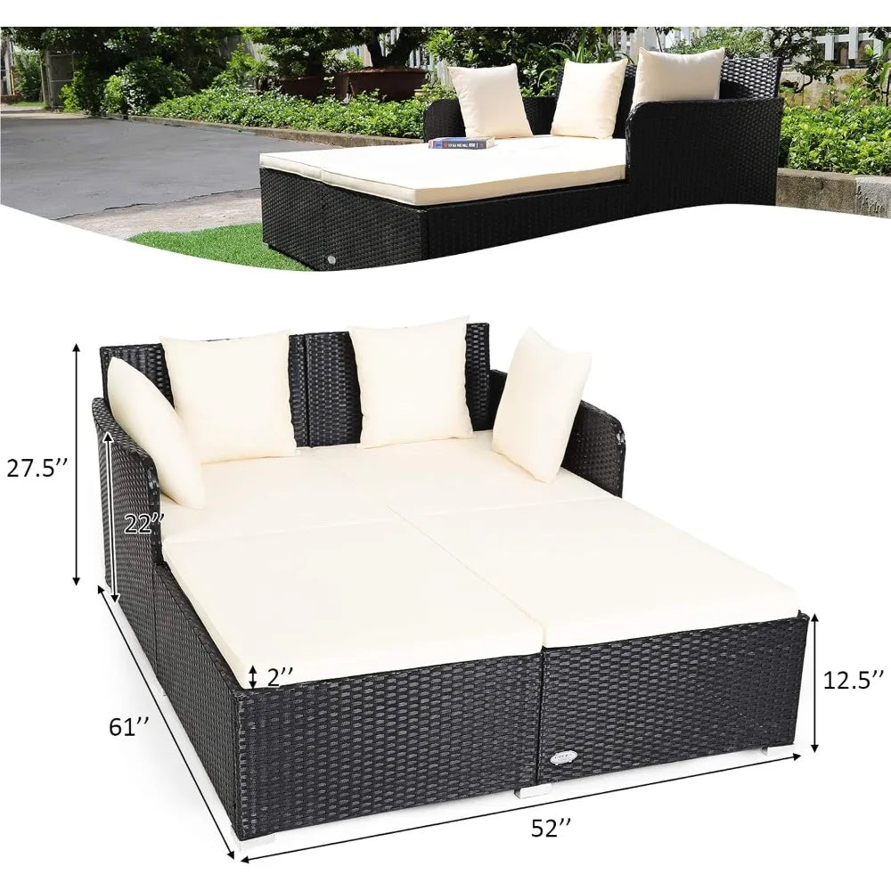 Outdoor Patio Rattan Daybed, Sponge Cushioned Loveseat Sofa with 4 Pillows