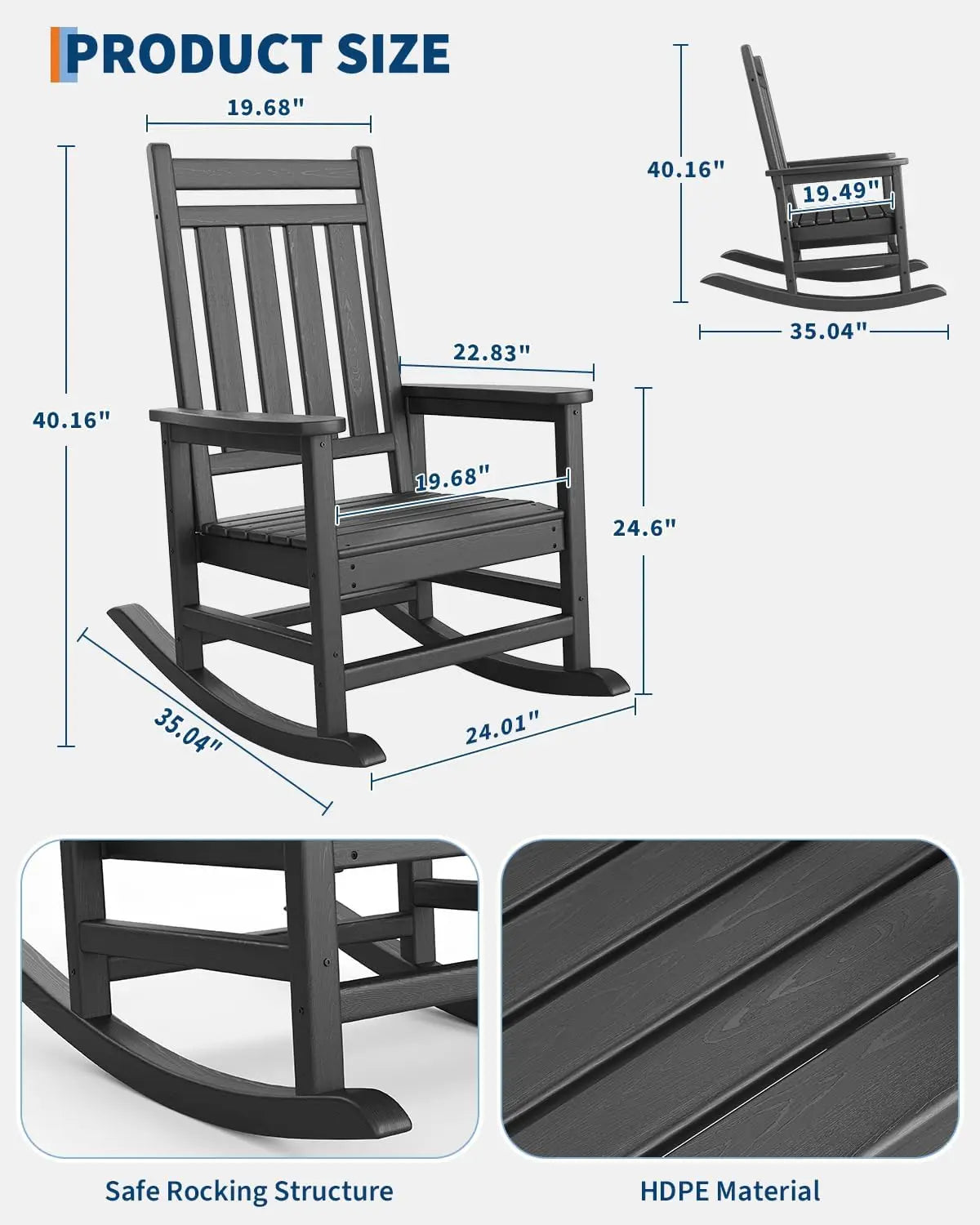 All-Weather HDPE Patio Rocking Chairs for Adults, 380lbs Weight Capacity