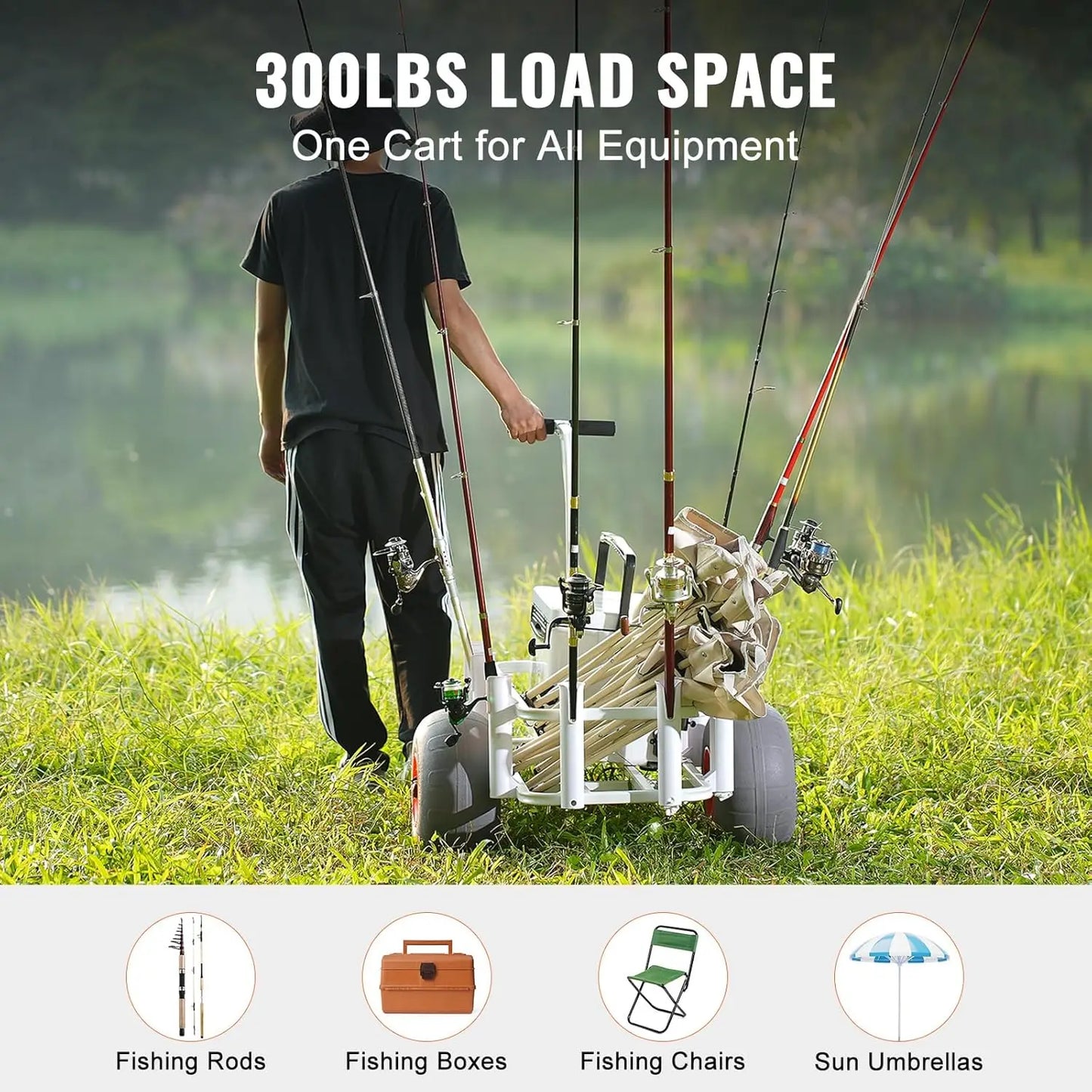 Beach Fishing Cart, 300 lbs Load Capacity, Fish and Marine Cart with Two 13" Big Wheels PU Balloon Tires