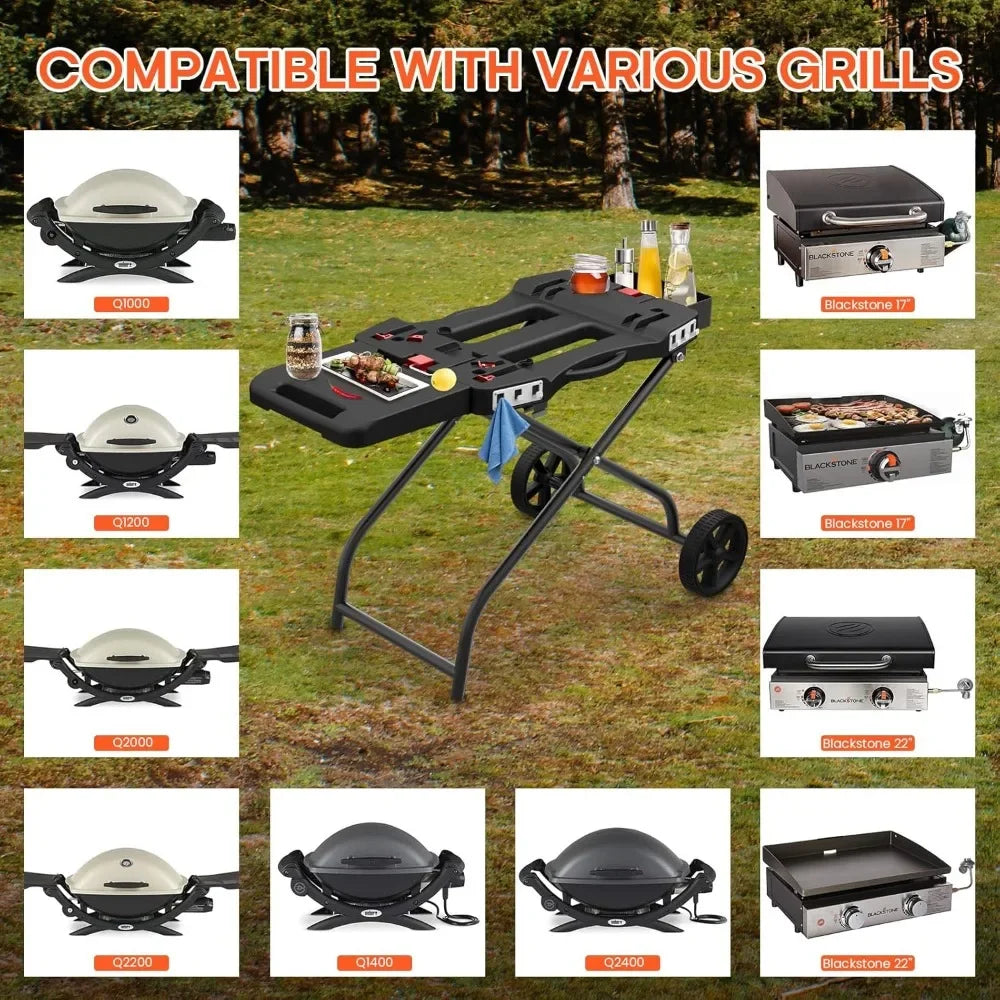 Customizable Portable Grill Cart For 17" & 22" Blackstone Griddles And Weber Q1000, Q1200, Q2000, Q2200 Series Grills