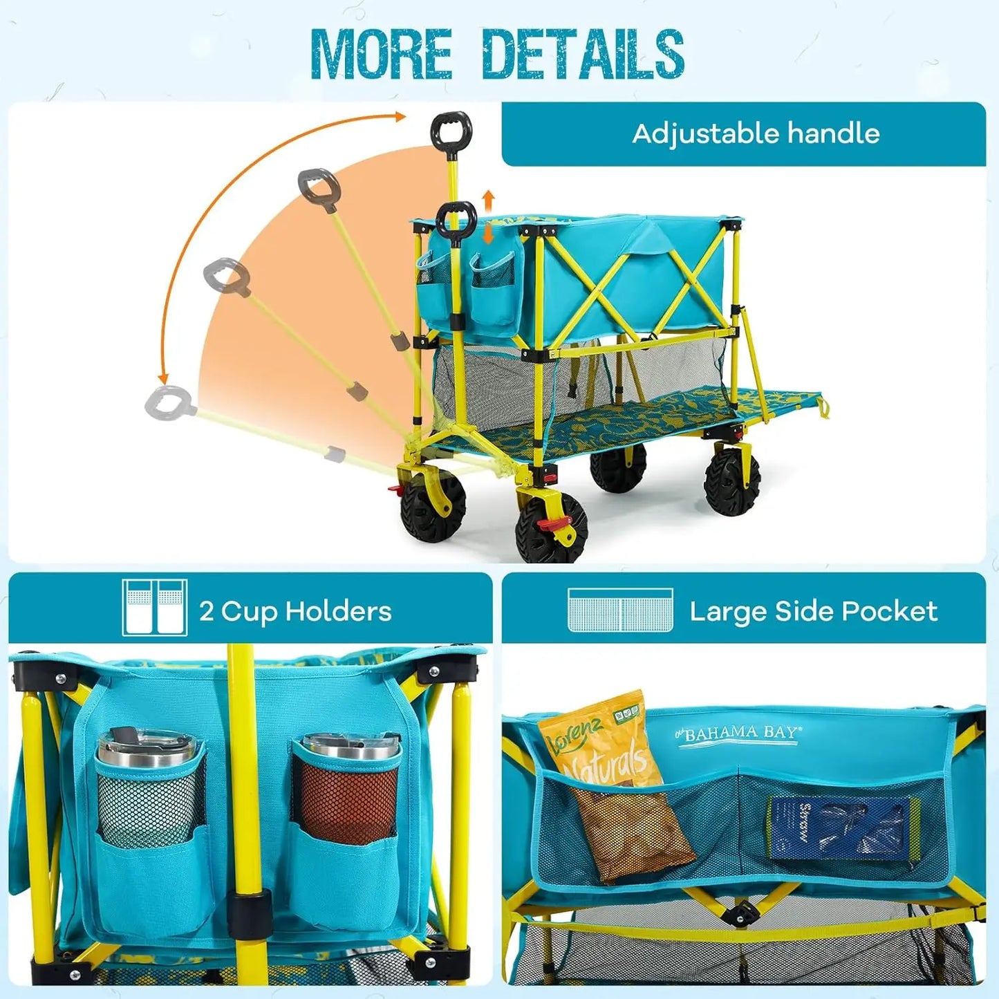 400L Collapsible Double Decker Beach Wagon with Brakes, 54" Extra Long Decker, 450LBS  with All-Terrain Big Wheels