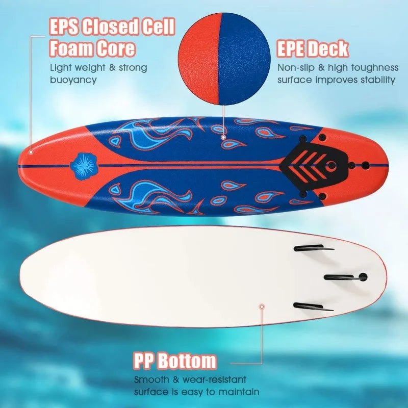 GYMAX Surfboard,6FT with Removable Fins & Safety Leash