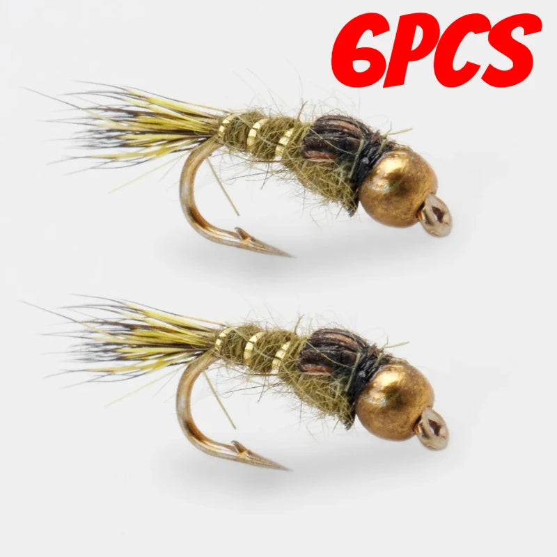 6pcs Barbed Tungsten Bead Head Jig Nymph Fly Pheasant Tail Fast Sinking Wet Euro Nymph Fly Trout Fishing Lures Baits 14-18#