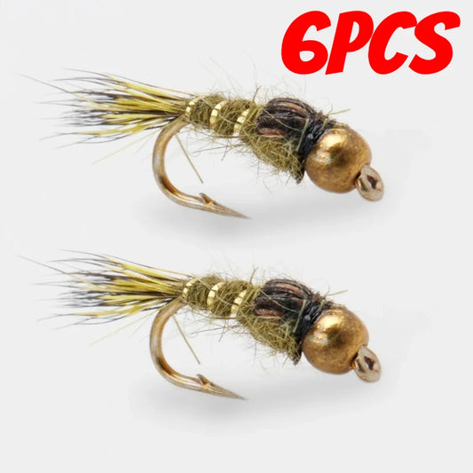 6pcs Barbed Tungsten Bead Head Jig Nymph Fly Pheasant Tail Fast Sinking Wet Euro Nymph Fly Trout Fishing Lures Baits 14-18#