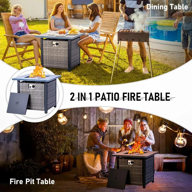 Propane Fire Pit Table 28Inch 50,000 BTU Auto-Ignition Wicker Rattan Gas Fire Pit Table With Lid