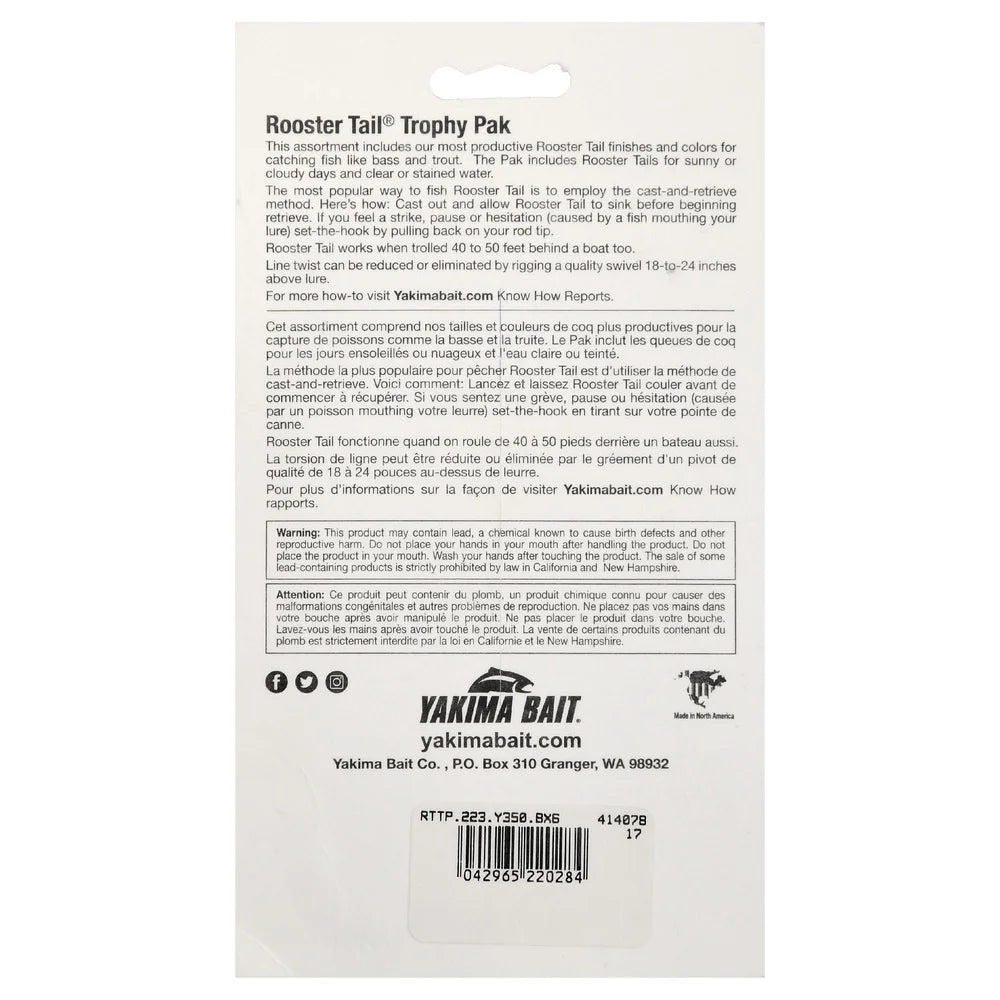 Rooster Tail Spinner Fishing Lure Kit Assorted Colors 1/8 oz 6 Count