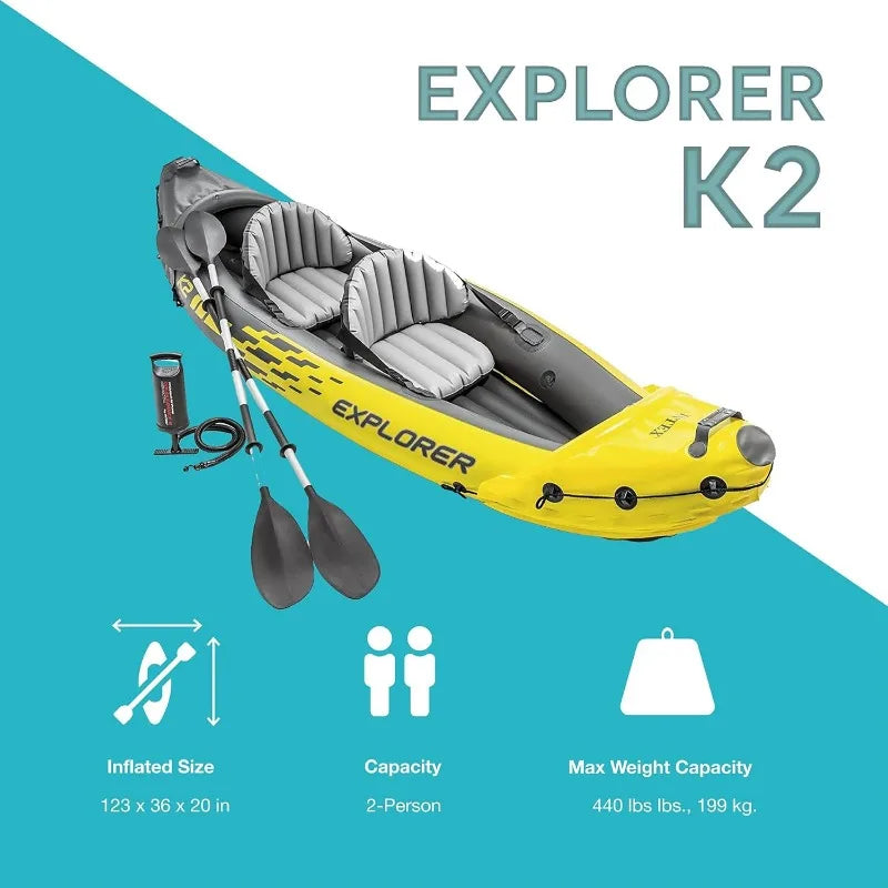 Intex 68307EP Explorer K2 Inflatable Kayak Set: Includes Deluxe 86in Aluminum Oars and High-Output Pump