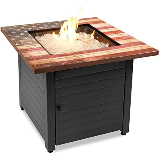 Square 30" Outdoor Propane Fire Pit, Includes White Fire Glass, Protective Cover, and Patented Hide