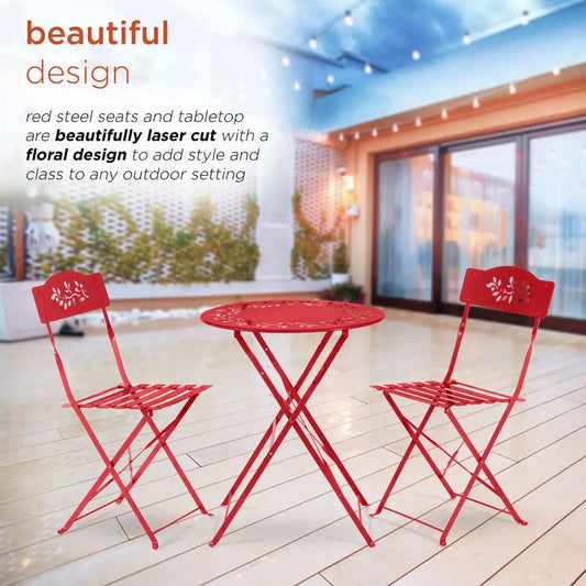 Indoor Outdoor 3Piece Bistro Set Folding Table and Chairs Patio Seating, Red