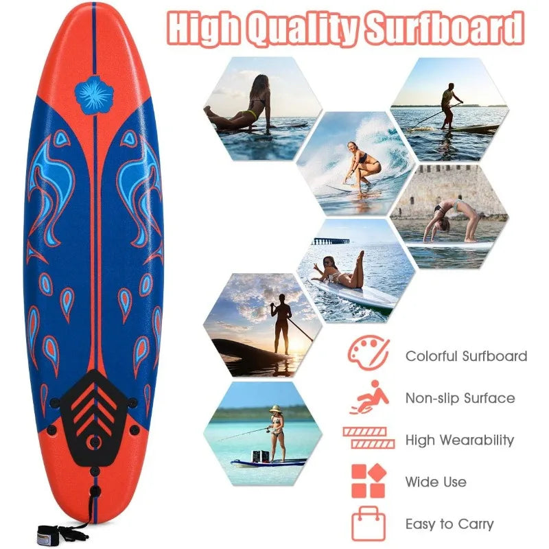 GYMAX Surfboard,6FT with Removable Fins & Safety Leash