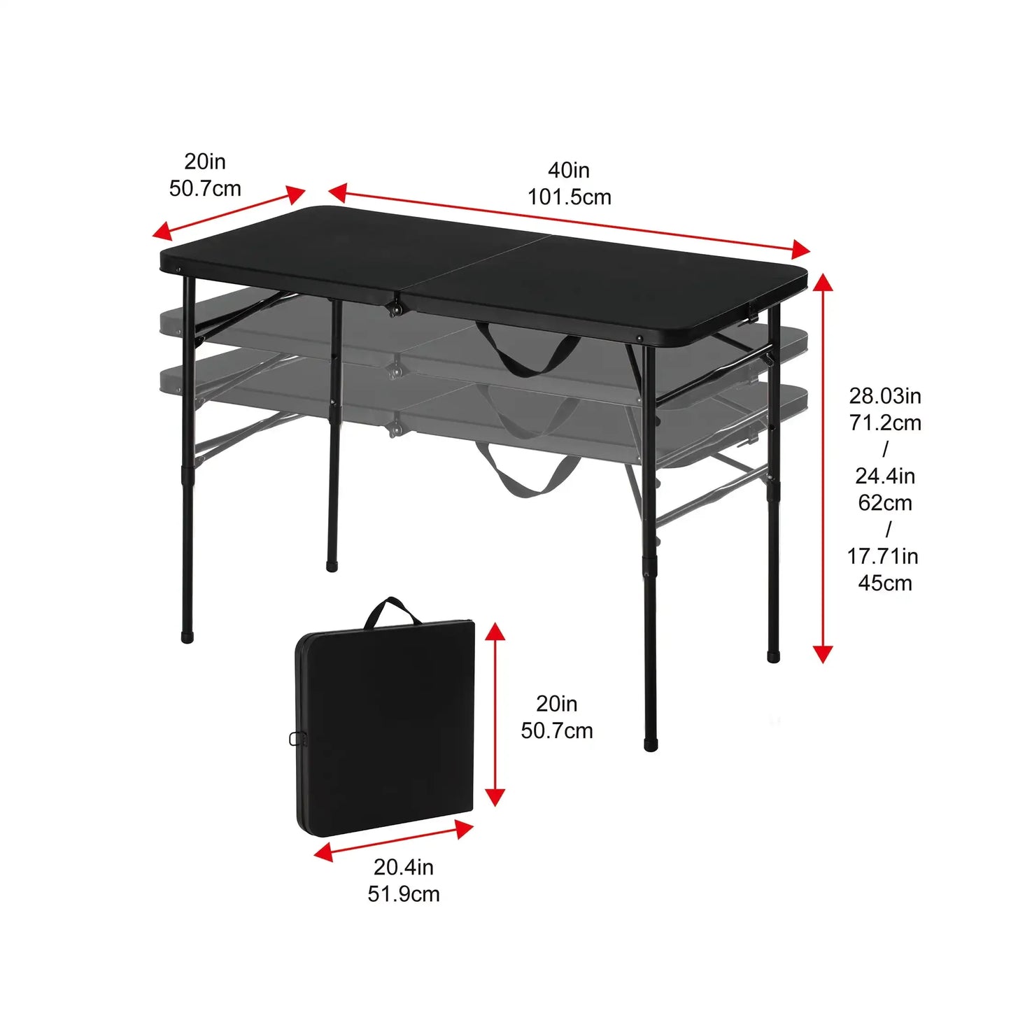 40"L x 20"W Adjustable Height Half-Folding Table For Outdoor BBQs, Game Nights, Parties Or Tailgates