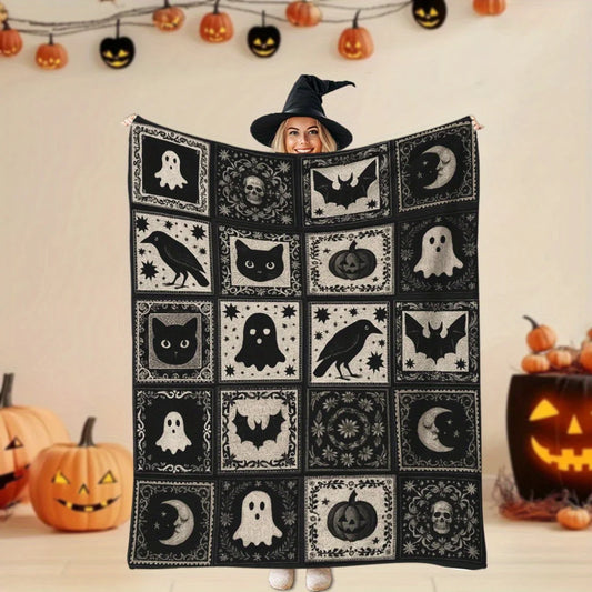 1pc Halloween-Themed Patchwork Blanket with Ghosts, Pumpkins, Bats & More – Soft, Warm Flannel Throw for Cozy Naps, Camping