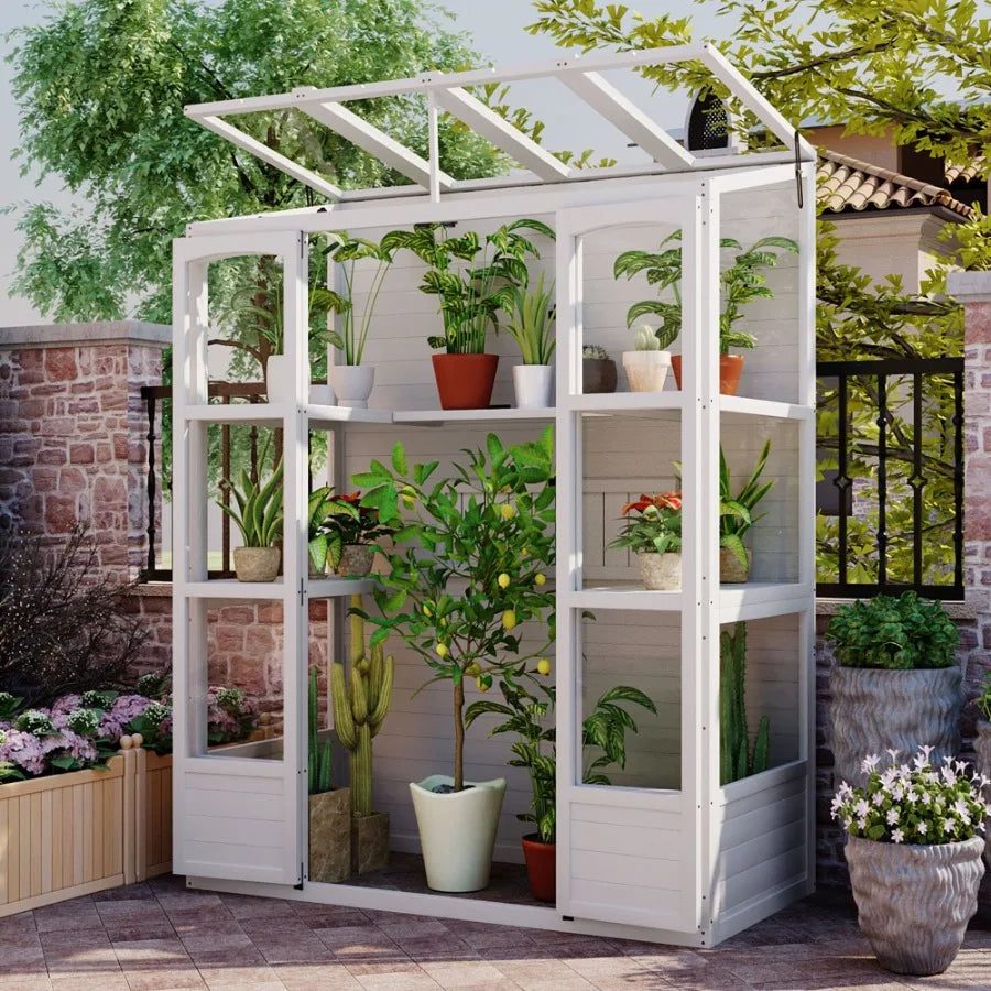 TOPMAX 78inch Wooden Greenhouse Cold Frame with 4 Independent Skylights and 2 Folding Middle Shelves