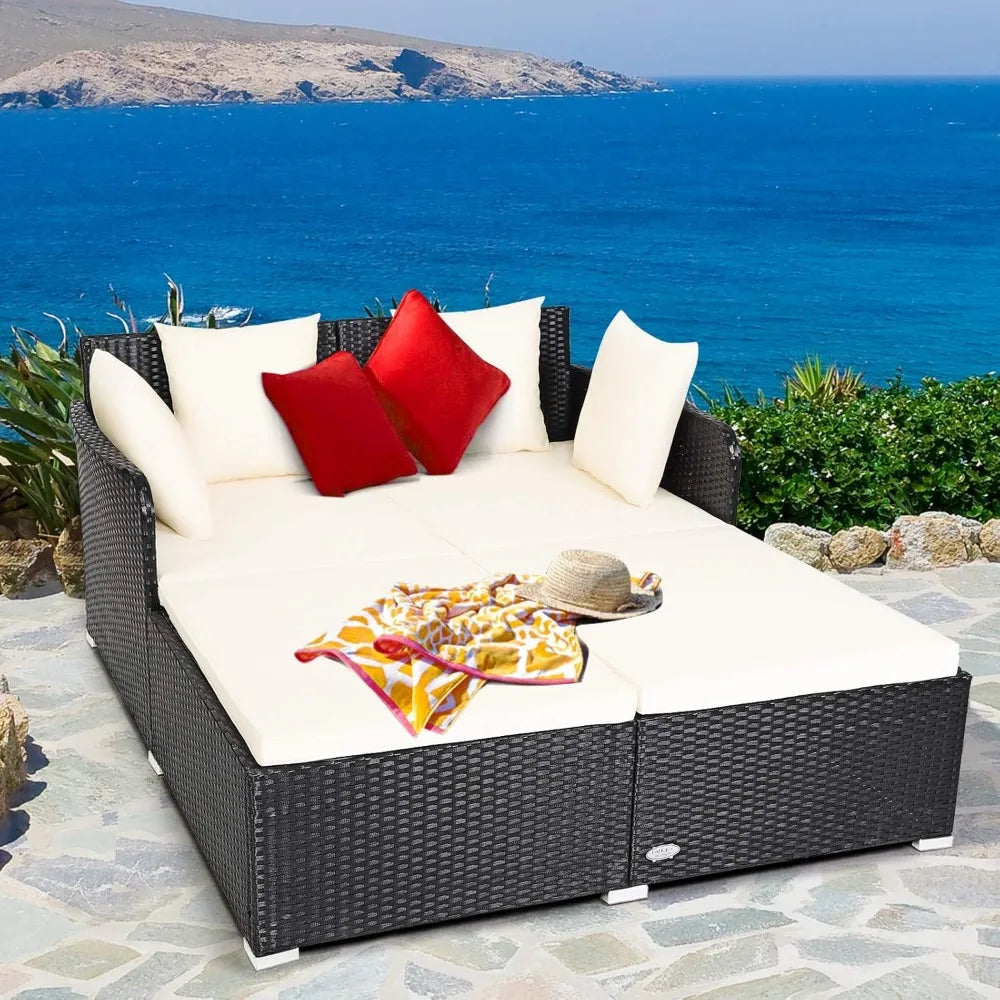 Outdoor Patio Rattan Daybed, Sponge Cushioned Loveseat Sofa with 4 Pillows