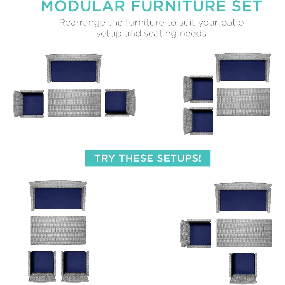 4-Piece Outdoor Wicker Patio Conversation Furniture Set for Backyard w/Coffee Table, Seat Cushions