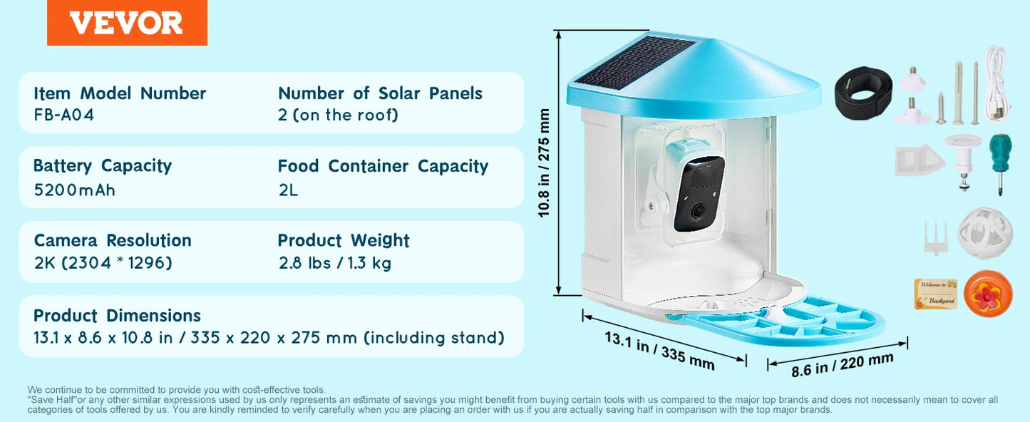 VEVOR Smart Bird Feeder with Camera 2K HD AI Identify 10000+ Bird Species