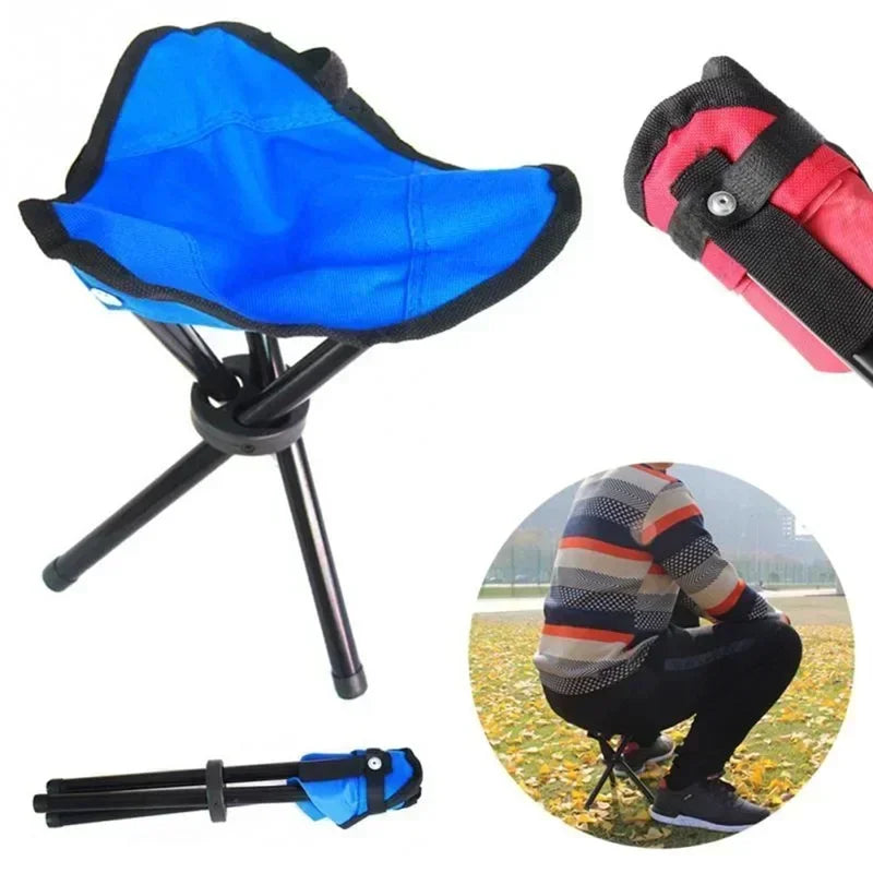 Portable outdoor camping chair, folding three legged stool