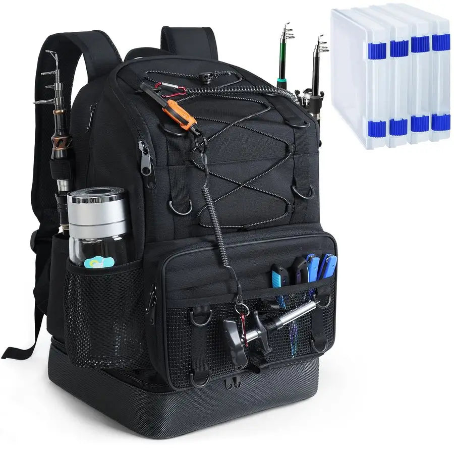 Backpack with 4 Tackle Boxes, Heavy Duty Fishing Bag with Waterproof Bottom