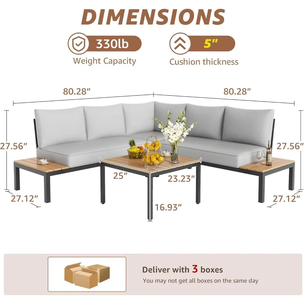 Patio Furniture Sets, L Shape Patio Sectional Metal Outdoor Sectional Corner Sofa Outdoor Couch with Detachable  Backrest