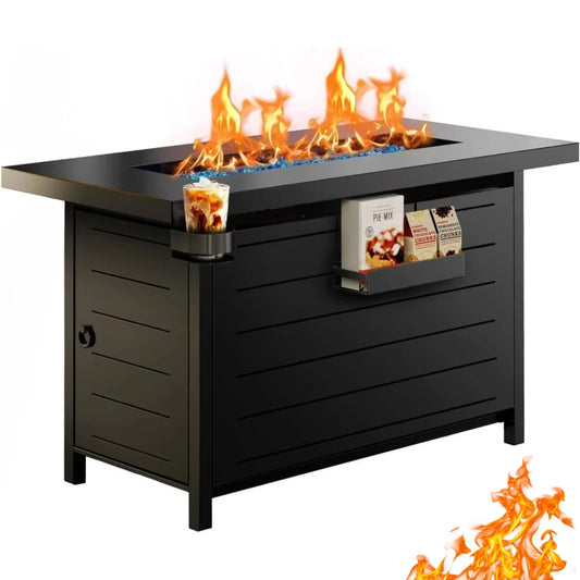 Stylish 43 Inch Fire Pit Table for Patio, with Glass Beads & Cup Holders