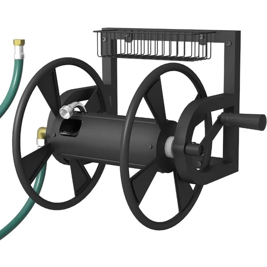 Wall Mounted Hose Reel, Outdoor Heavy-Duty Water Hose Holder Winder, Holds 125 Feet of 5/8-Inch Hose, with 3.9 ft Leader