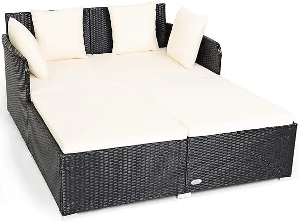Outdoor Patio Rattan Daybed, Sponge Cushioned Loveseat Sofa with 4 Pillows