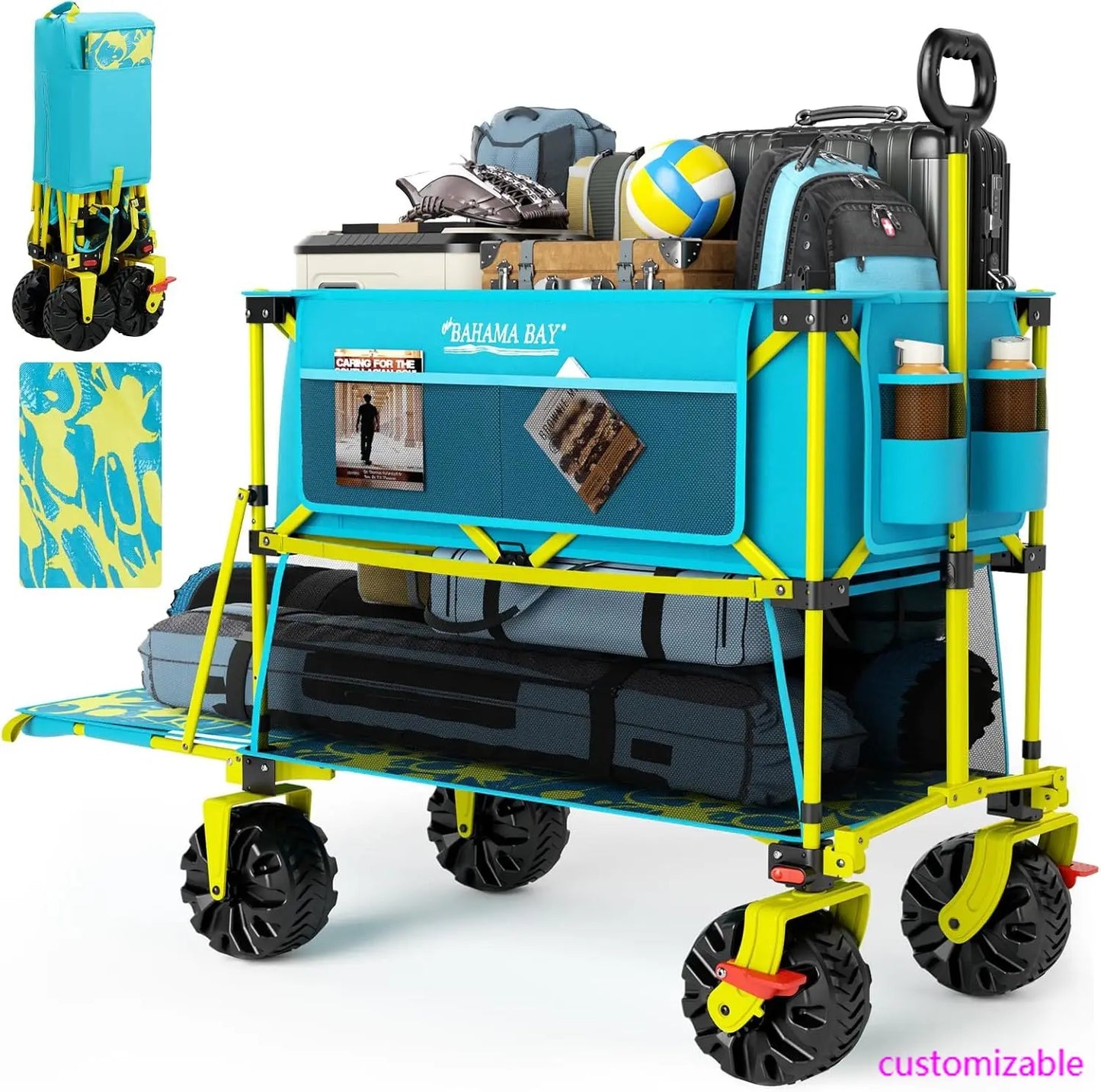 400L Collapsible Double Decker Beach Wagon with Brakes, 54" Extra Long Decker, 450LBS  with All-Terrain Big Wheels
