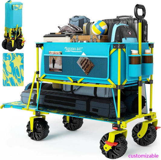 400L Collapsible Double Decker Beach Wagon with Brakes, 54" Extra Long Decker, 450LBS  with All-Terrain Big Wheels