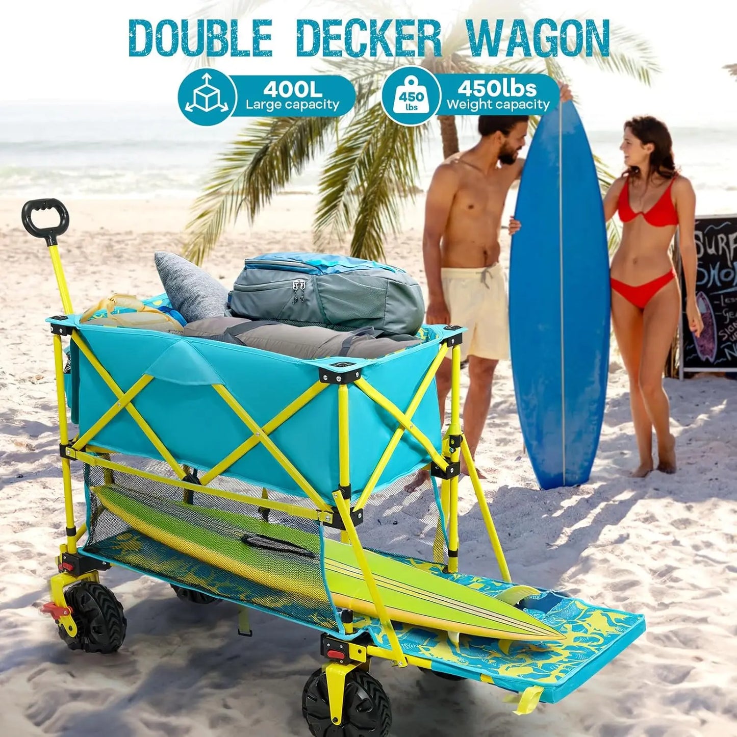 400L Collapsible Double Decker Beach Wagon with Brakes, 54" Extra Long Decker, 450LBS  with All-Terrain Big Wheels