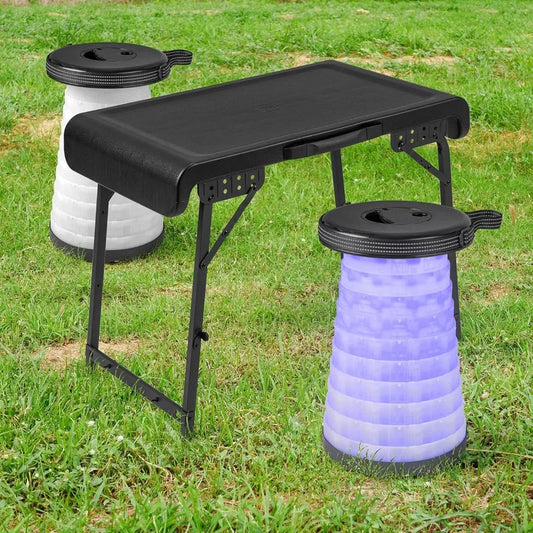 3 Piece Camping Set, Folding Table With 2 Collapsible LED Stools