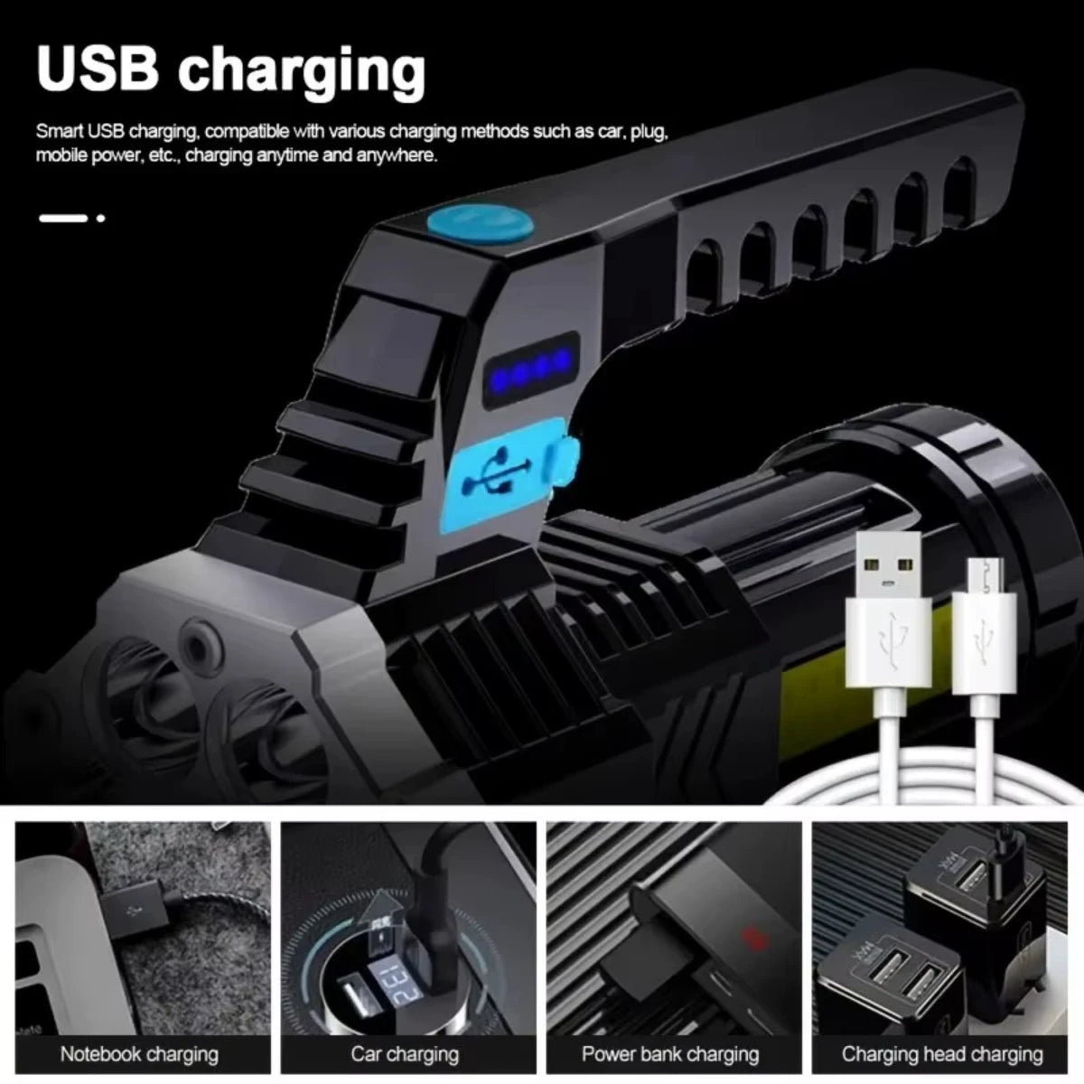 7LED High-Power Flashlight With USB Charging COB Side Light