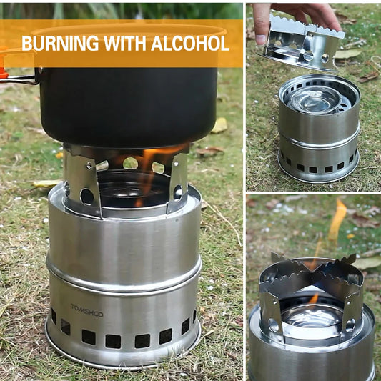 Upgrade Outdoor Camping Backpacking Stove w/ Plate & Handle Portable Folding Windproof Wood Burning Stove