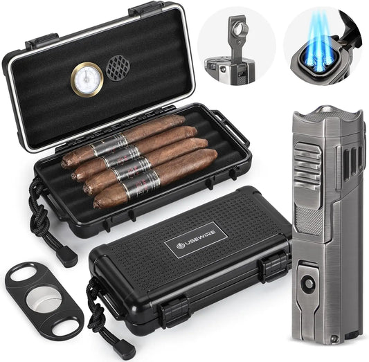 USEWIRE-Cigar Travel Humidor And Cigar Set, Portable Cigar Case With Humidifier Hygrometer, Cutter Cigar Cutter