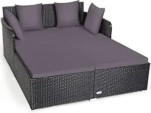 Outdoor Patio Rattan Daybed, Sponge Cushioned Loveseat Sofa with 4 Pillows