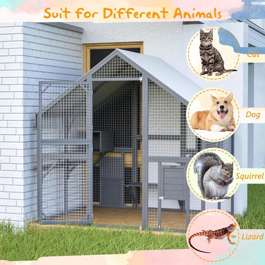 Cat Cage,  75" Large Wood Outdoor Cat Catio Cat Enclosure