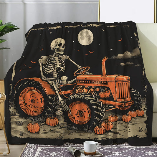Cozy Flannel Halloween Blanket with Tractor & Skull Print