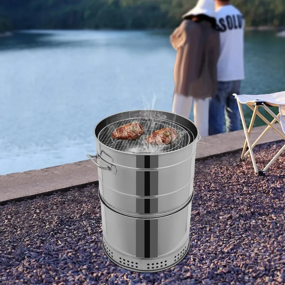 Large Portable Smokeless Charcoal Grill - 360° Stainless Steel BBQ Barrel with 50 Skewers