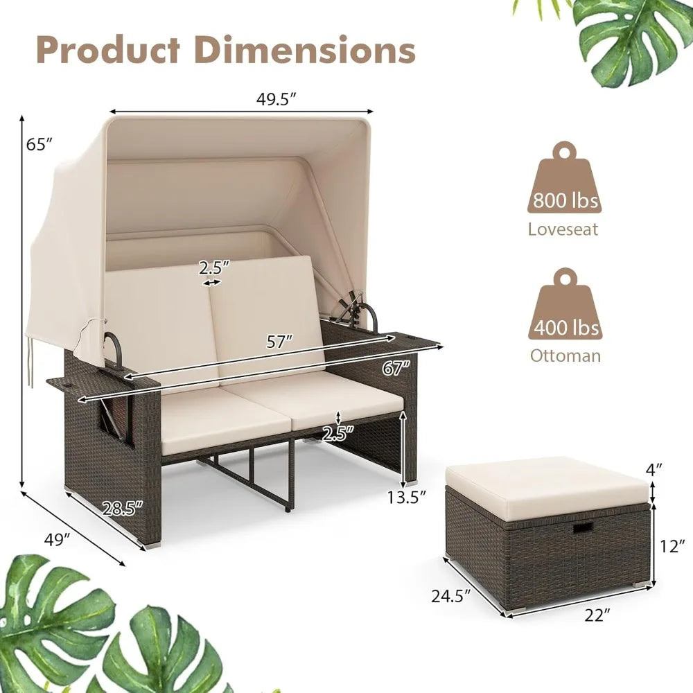 Retractable Canopy Loveseat Sofa Set, 2 Folding Side Panels, Storage Ottomans, Double Bed Lounger for Garden Patio Furniture Set