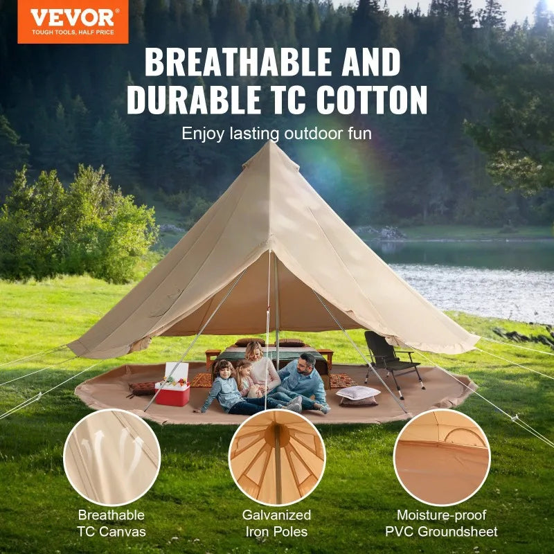 10-12 Person Canvas Glamping Bell Tent, Breathable Waterproof Yurt Tent with Stove Jack